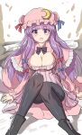  1girl ass black_thighhighs breasts cleavage crescent highres looking_at_viewer namiki_(remiter00) open_mouth patchouli_knowledge purple_eyes purple_hair shiny_skin solo thighhighs touhou 