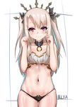  absurdres ass_visible_through_thighs bare_shoulders blonde_hair breasts character_name choker clenched_hands collarbone cosplay cowboy_shot crown fate/grand_order fate/kaleid_liner_prisma_illya fate_(series) hair_ribbon hands_up highres illyasviel_von_einzbern ishtar_(fate/grand_order) ishtar_(fate/grand_order)_(cosplay) long_hair looking_at_viewer navel pear_sauce red_eyes revealing_clothes ribbon skindentation small_breasts smile solo stomach twintails 