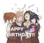  4girls black_hair blue_neckerchief bow_hairband box brown_hair brown_serafuku closed_mouth commentary_request confetti curryisfriend english_text gift gift_box green_eyes hairband hand_on_another&#039;s_waist happy_birthday hibike!_euphonium highres hug hug_from_behind kasaki_nozomi kitauji_high_school_uniform liz_to_aoi_tori multiple_girls nakagawa_natsuki neckerchief one_eye_closed open_mouth party_popper ponytail sailor_collar school_uniform serafuku simple_background smile white_background white_sailor_collar yellow_hairband yoroizuka_mizore yoshikawa_yuuko 