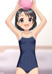  1girl armpits arms_up ball bare_shoulders black_eyes black_hair blue_one-piece_swimsuit blurry blurry_background blush breasts collarbone covered_navel cowboy_shot dot_nose hair_ornament hairclip highres holding holding_ball idolmaster idolmaster_cinderella_girls idolmaster_cinderella_girls_starlight_stage looking_at_viewer one-piece_swimsuit open_mouth rabbit_hair_ornament sasaki_chie school_swimsuit short_hair signature small_breasts smile solo standing swimsuit wgm_oekaki 