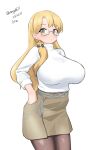  1girl absurdres alternate_costume black_pantyhose blonde_hair breasts dated glasses green_eyes grey_skirt hair_over_shoulder hand_on_own_hip highres kantai_collection large_breasts long_hair maru_(marg0613) navy_cross northampton_(kancolle) one-hour_drawing_challenge pantyhose pencil_skirt simple_background skirt solo sweater twitter_username white_background white_sweater 