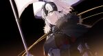  1girl aoneko1112 armor black_background black_cape cape chain closed_mouth commentary_request fate/grand_order fate_(series) flag fur-trimmed_cape fur_trim gauntlets headpiece highres holding holding_flag jeanne_d&#039;arc_alter_(avenger)_(fate) jeanne_d&#039;arc_alter_(avenger)_(first_ascension)_(fate) jeanne_d&#039;arc_alter_(fate) looking_at_viewer pale_skin short_hair smile solo twitter_username white_hair yellow_eyes 