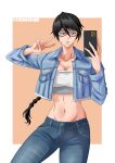  1girl absurdres black_hair bleach blue_eyes braid braided_ponytail breasts collarbone commission denim denim_jacket english_commentary highres holding holding_phone jacket jeans large_breasts long_hair looking_at_phone midriff navel pants parted_lips phone rakusakugk selfie single_braid solo strapless tube_top twitter_username two-tone_background v yadoumaru_lisa 