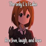  1girl artist_name bad_id bad_twitter_id black_gloves black_jacket brown_eyes brown_hair closed_mouth collared_shirt dot_mouth dot_nose english_text expressionless gloves hands_up highres hirasawa_yui image_macro_(meme) jacket k-on! long_sleeves looking_at_viewer meme necktie pink_background shirt short_hair simple_background solo the_freakin_yui upper_body white_shirt 
