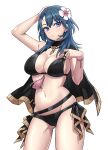  1girl arm_up ass_visible_through_thighs bikini black_bikini black_cape blue_eyes blue_hair breasts byleth_(female)_(fire_emblem) byleth_(female)_(summer)_(fire_emblem) byleth_(fire_emblem) cape cleavage commentary_request cowboy_shot fire_emblem fire_emblem:_three_houses fire_emblem_heroes flower hair_flower hair_ornament hand_up large_breasts long_hair navel official_alternate_costume partial_commentary shinae solo standing stomach swimsuit thighs 