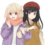  2girls beret black_hair blonde_hair brown_sweater_vest closed_mouth collared_shirt commentary dress_shirt hair_ornament hairclip hashtag_only_commentary hat highres inoue_takina jacket kumtlekumtle locked_arms long_hair long_sleeves looking_at_viewer lycoris_recoil multiple_girls nishikigi_chisato one_side_up open_clothes open_jacket open_mouth pink_scarf purple_eyes purple_jacket red_eyes red_hat scarf shirt short_hair sidelocks simple_background sweater_vest teeth upper_body upper_teeth_only white_background white_shrug 