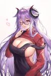  apron azur_lane black-framed_eyewear black_apron black_horns breasts cleavage curled_horns finger_to_mouth friedrich_carl_(a_game_of_love)_(azur_lane) friedrich_carl_(azur_lane) game_cartridge gemini_(feng) heart highres horns large_breasts long_hair mole mole_on_breast mole_under_mouth nipple_slip nipples one_eye_closed purple_eyes purple_hair red_sweater semi-rimless_eyewear simple_background spoken_heart sweater very_long_hair white_background 