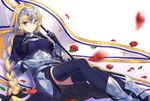  armor bad_id bad_twitter_id bangs black_ribbon blonde_hair blue_eyes blue_legwear blurry blush bow braid breasts chain closed_mouth depth_of_field eyebrows_visible_through_hair fate/apocrypha fate_(series) faulds flag flower gauntlets gradient gradient_background greaves hair_bow hair_ribbon haruato headpiece highres holding holding_flag impossible_clothes impossible_shirt jeanne_d'arc_(fate) jeanne_d'arc_(fate)_(all) large_breasts leaf leaning_back long_hair looking_at_viewer navy_blue_legwear petals ribbon rose_petals shirt sidelocks simple_background single_braid sitting smile solo standard_bearer thighhighs tress_ribbon underbust very_long_hair 