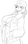  2019 anthro big_breasts black_and_white black_nose breasts canid canine canis cleavage clothed clothing domestic_dog eyelashes female fur hair huge_breasts jacket kemono line_art looking_at_viewer mammal misha_(colo) monochrome navel neck_tuft nipple_bulge open_mouth simple_background sindoll skimpy solo standing tuft white_background 