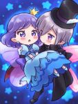  1boy 1girl black_cape black_hat black_suit blue_background blue_dress blue_footwear blush cape carrying closed_mouth crown dress earrings fairy_wings full_body hat highres ikzw jewelry looking_at_another open_mouth pointy_ears princess_carry purple_eyes purple_hair purple_wings rilu_rilu_fairilu shoes short_hair smile standing star_(symbol) statice_(fairilu) suit sumire_(fairilu) top_hat wings 