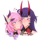  2girls aurora_(aurawra21) blue_eyes blush cheek-to-cheek closed_mouth commentary elysia_(honkai_impact) english_commentary heads_together heart highres honkai_(series) honkai_impact_3rd horns long_hair multiple_girls pink_eyes pink_hair pink_pupils portrait purple_hair raiden_mei simple_background smile twitter_username white_background yuri 