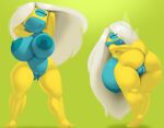 areola big_areola big_breasts blue_areola blue_body blue_skin breasts camel_toe dibujosv12 dunsparce eyes_closed generation_2_pokemon genital_outline green_background hair hi_res insect_wings mouth_closed nintendo nude pokemon pokemon_(species) rear_view simple_background thick_thighs white_hair wings yellow_body