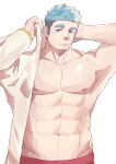 1boy abs armpits bara black_hair collarbone crave_saga facial_hair grey_eyes highres jeffrey_(crave_saga) large_pectorals looking_at_viewer male_focus muscular muscular_male open_clothes open_shirt pectorals poteto02888292 shirt short_hair sideburns_stubble simple_background solo stubble thick_eyebrows upper_body white_background white_shirt 