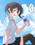  1girl black_hair black_thighhighs blue_shirt blue_skirt blue_sky blurry blurry_background blush bottle cloud commentary_request gradient_hair green_eyes green_hair hair_between_eyes highres holding holding_bottle looking_at_viewer love_live! love_live!_nijigasaki_high_school_idol_club multicolored_hair neck_ribbon nijigasaki_academy_school_uniform open_mouth pink_ribbon plaid plaid_skirt ribbon school_uniform shinonome_sakura shirt short_sleeves sidelocks sitting skirt sky solo speech_bubble summer_uniform takasaki_yu thighhighs translation_request twintails upper_body water_bottle 