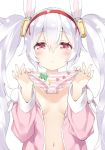  1girl :&lt; akashi_(azur_lane) animal_ears azur_lane blush breasts bunny_ears closed_mouth commentary_request hairband hands_up holding holding_panties jacket laffey_(azur_lane) long_hair long_sleeves looking_at_viewer naked_coat navel open_clothes open_jacket panties panties_removed peko pink_jacket red_hairband silver_hair simple_background small_breasts solo striped striped_panties twintails underwear upper_body very_long_hair white_background 