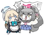  2girls anger_vein animal_ears apron black_dress black_gloves blonde_hair blue_archive blue_bow blue_eyes blue_skirt bow brown_eyes chibi commentary_request dress fighting fingerless_gloves food gloves grey_hair grey_pantyhose halo hat holding holding_food ice_cream ice_cream_cone jitome juliet_sleeves long_hair long_sleeves maid maid_headdress michiru_(blue_archive) mob_cap multiple_girls nyaru_(nyaru_4126) pantyhose pleated_skirt puffy_sleeves short_eyebrows simple_background skirt sweat tail thick_eyebrows toki_(blue_archive) translation_request twintails v-shaped_eyebrows very_long_hair white_apron white_background wide_sleeves 