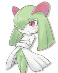  anger_vein colored_skin crossed_arms green_hair hair_over_one_eye kirlia lowres multicolored_skin pink_eyes pokemon pokemon_(creature) pout rmtwo sidelocks simple_background two-tone_skin white_background white_skin 
