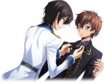  2boys adjusting_another&#039;s_clothes arm_at_side artist_request black_hair black_jacket black_ribbon blush brown_hair code_geass code_geass:_lost_stories collared_shirt cropped_torso dutch_angle eye_contact game_cg gold_trim green_eyes grey_shirt hair_between_eyes hand_up hands_up happy jacket kururugi_suzaku lelouch_vi_britannia light_blush long_sleeves looking_at_another male_focus multiple_boys neck_ribbon non-web_source official_art parted_lips purple_eyes ribbon shirt short_hair sidelocks simple_background smile standing sweat teeth transparent_background upper_body white_jacket 