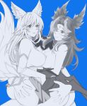 absurd_res accessory ahri_(lol) arm_around_waist avian blush breasts butt butt_grab canid canine clothed clothing eyewear fan_character female fox fox_tail glasses group hair_accessory hand_on_butt hi_res hug humanoid league_of_legends looking_at_viewer male male/female mammal monochrome nipples no_underwear riot_games simple_background star_guardian_ahri star_guardian_xayah suee8720 tail tongue tongue_out topless trio watermark xayah_(lol)