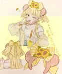  1girl animal_ears bear_ears blonde_hair bow drink fake_animal_ears flower gacho_p hair_bow highres idolmaster idolmaster_cinderella_girls jacket jougasaki_rika long_hair looking_at_viewer mask mask_pull mouth_mask multiple_views off_shoulder one_eye_closed open_clothes open_jacket sketch sunflower two_side_up yellow_eyes 