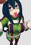  absurdres asui_tsuyu black_eyes black_hair boku_no_hero_academia breasts domino_mask full_body gloves goggles goggles_on_head hair_rings highres large_breasts long_hair looking_at_viewer mask outstretched_arm simple_background sunna_(nilsunna) tongue tongue_out white_background white_gloves 
