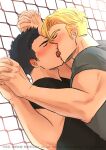  2boys ao_isami bara black_hair blonde_hair blush closed_eyes couple facial_hair french_kiss highres holding_hands interlocked_fingers kiss lewis_smith male_focus multiple_boys naalseaka shirt sideburns_stubble stubble t-shirt thick_eyebrows toned toned_male tongue tongue_out upper_body yaoi yuuki_bakuhatsu_bang_bravern 