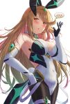  1girl absurdres armpits blonde_hair blush breasts chest_jewel cleavage core_crystal_(xenoblade) covered_navel cowboy_shot dangle_earrings detached_collar drop_earrings earrings elbow_gloves gem gloves hand_up headpiece highres jewelry large_breasts leotard long_hair looking_at_viewer mythra_(xenoblade) open_mouth origami_yakko rabbit_tail solo speech_bubble swept_bangs tail thigh_strap tiara white_background xenoblade_chronicles_(series) xenoblade_chronicles_2 yellow_eyes 