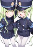 2girls :d armband black_hat black_shorts black_skirt blue_archive blue_armband blush commentary_request earrings fang gloves green_hair green_halo halo hat highlander_sidelocks_conductor_(blue_archive) highlander_twintails_conductor_(blue_archive) highres jewelry komori_kuzuyu long_hair looking_at_viewer multiple_girls pantyhose pleated_skirt pointy_ears shorts sidelocks simple_background skin_fang skirt smile standing twintails white_background white_gloves white_pantyhose 