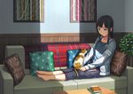  animal animal_on_lap barefoot black_hair blue_eyes book book_on_lap book_stack capri_pants cardigan cat cat_on_lap coffee_table couch full_body grey_cardigan hashi indoors light_smile long_hair looking_down open_cardigan open_clothes original outstretched_leg pants picture_(object) pillow plantar_flexion sidelocks solo sunlight toenails 