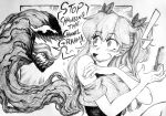  1girl absurdres chronozbergh commentary crossover english_commentary english_text greyscale hair_ribbon hands_up highres long_hair looking_at_another monochrome neon_genesis_evangelion open_mouth ribbon shouting souryuu_asuka_langley speech_bubble symbiote traditional_media upper_body venom_(2018) 
