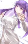  1girl absurdres blunt_bangs blunt_ends blush breasts button_gap collar commentary_request dress fern_(sousou_no_frieren) frilled_collar frills hands_up highres jewelry lips long_dress long_hair long_sleeves otogibanashi puffy_sleeves purple_eyes purple_hair see-through signature simple_background smile solo sousou_no_frieren upper_body white_background wristband 