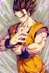  1boy bad_id bad_twitter_id black_eyes black_hair blue_shirt commentary_request dougi dragon_ball dragon_ball_z electricity grin highres looking_at_viewer male_focus muscular muscular_male orange_pants orange_shirt pants potential_unleashed sekitsuki_hayato shirt signature smile solo son_gohan spiked_hair standing 