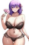  1girl absurdres ass_visible_through_thighs bare_shoulders black_bra black_panties bra breasts cleavage collarbone fate/stay_night fate_(series) flower hair_ribbon highres holding holding_flower jasony large_breasts looking_at_viewer matou_sakura panties parted_lips purple_eyes purple_hair red_ribbon ribbon simple_background smile solo thigh_gap underwear white_background 