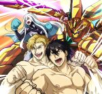  1girl 2boys :d ao_isami black_hair blonde_hair boxing_gloves clenched_hand facial_hair highres incoming_attack incoming_punch kurogahina lewis_smith looking_ahead lulu_(bang_bravern) mecha multiple_boys nude official_alternate_hairstyle pectorals punching robot sideburns_stubble smile stubble super_robot thick_eyebrows toned toned_male yuuki_bakuhatsu_bang_bravern 