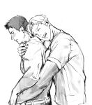  2boys ao_isami bara blush couple facial_hair greyscale happy head_rest highres hug hug_from_behind lewis_smith male_focus monochrome multiple_boys poyosoftware sideburns_stubble sketch stubble thick_eyebrows toned toned_male yaoi yuuki_bakuhatsu_bang_bravern 