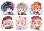  3boys 3girls :d :o ^^^ ahoge alhaitham_(genshin_impact) arrow_(symbol) ascot beret black_gloves black_hat black_shirt blue_background blue_eyes blue_hair blue_hat blunt_bangs blunt_ends blush blush_stickers border bow bow-shaped_hair braid braided_bangs bridal_gauntlets cable cape chicken_sandwich clenched_hands collared_shirt commentary_request crossed_bangs dangle_earrings detached_collar detached_sleeves earrings elbow_gloves food food_on_face gameplay_mechanics genshin_impact genshin_impact_sticker_redraw_(meme) gloves gradient_hair green_cape green_eyes green_hair grey_background grey_eyes grey_hair grey_jacket hair_between_eyes hands_up hat healing highres holding holding_tray holding_weapon index_finger_raised jacket jewelry jingasa long_hair long_sleeves looking_at_viewer mask mask_on_head meme multicolored_hair multiple_boys multiple_girls nekorune_(bukubuku_awai) noelle_(genshin_impact) noelle_(kfc)_(genshin_impact) official_alternate_costume open_clothes open_jacket open_mouth orange_hair outside_border outstretched_arm parted_bangs partially_fingerless_gloves pink_background pink_hair pointing popped_collar puffy_long_sleeves puffy_sleeves purple_bow purple_eyes purple_hair red_ascot red_hat red_mask red_shirt sangonomiya_kokomi scaramouche_(genshin_impact) shirt short_hair sidelocks simple_background single_braid single_earring sleeveless sleeveless_shirt smile sparkle surprised swept_bangs tartaglia_(genshin_impact) tassel teeth tray upper_teeth_only v-shaped_eyebrows vision_(genshin_impact) wanderer_(genshin_impact) water weapon white_border white_gloves white_jacket white_sleeves wide-eyed yanfei_(genshin_impact) yellow_background 