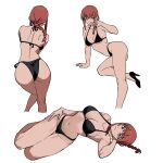  1girl absurdres arm_behind_head ass bikini breasts from_behind hand_on_own_hip high_heels highres looking_at_viewer lying makima_(chainsaw_man) on_back ponytail red_hair ringed_eyes stomach swimsuit v yellow_eyes zeon_(zzeeonn) 