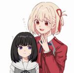  2girls ? aged_down black_hair black_ribbon blonde_hair blue_ribbon blush bob_cut closed_mouth commentary dress hair_ribbon hand_up hashtag_only_commentary highres inoue_takina kumtlekumtle long_sleeves lycoris_recoil lycoris_uniform medium_hair multiple_girls neck_ribbon nishikigi_chisato one_side_up open_mouth purple_eyes red_dress red_eyes red_ribbon ribbon sailor_collar shirt short_hair spoken_question_mark sweatdrop teeth translated upper_body upper_teeth_only white_background white_sailor_collar white_shirt 