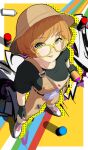  1girl absurdres belt_pouch border brown_eyes brown_overalls graffiti green_shirt haerge highres light_brown_hair overalls paint persona persona_4 pouch satonaka_chie shirt short_hair solo spray_can tongue tongue_out white_border yellow-framed_eyewear 