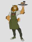 absurd_res anthro apron biped bottomwear clothed clothing english_text fangs felid food footwear fur hi_res male mammal muffin pants ramahuro saber-toothed_tiger sabertooth_(anatomy) shirt shoes solo tail teeth text topwear