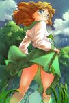  1girl blue_eyes brown_hair cloud ei_(eikun) glasses grass green_skirt ichinose_minori leaf looking_at_viewer looking_back nature open_mouth outdoors panties panty_peek precure round_eyewear school_uniform serafuku short_hair skirt sky solo tree tropical-rouge!_precure underwear white_panties wind 