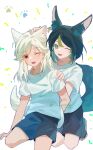  2boys absurdres animal_ear_fluff animal_ears black_hair black_shorts cyno_(genshin_impact) dark-skinned_male dark_skin earrings fox_boy fox_ears fox_tail genshin_impact green_eyes green_hair green_tail hair_between_eyes highres jewelry long_hair male_focus multicolored_hair multiple_boys one_eye_closed open_mouth red_eyes shirt short_hair shorts streaked_hair suzushi t-shirt tail tighnari_(genshin_impact) white_shirt white_tail 