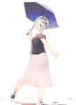  bare_shoulders blue_eyes blue_hair bow_legwear casual from_behind hair_ornament hair_over_one_eye hair_ribbon highres holding holding_umbrella long_skirt looking_at_viewer looking_back maid_headdress manatsuki_manata open_mouth pink_ribbon re:zero_kara_hajimeru_isekai_seikatsu rem_(re:zero) ribbon see-through_silhouette short_hair skirt solo starry_sky_print umbrella x_hair_ornament 