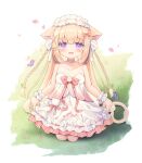 1girl :d animal animal_ear_fluff animal_ears bare_shoulders blonde_hair blush bow braid bug butterfly cat_ears cat_girl cat_tail collarbone commentary_request dress frilled_dress frills full_body hair_between_eyes hair_ornament hairclip highres long_hair looking_at_viewer on_grass original petals pink_bow purple_eyes satsuki_yukimi seiza sitting smile solo strapless strapless_dress tail twin_braids very_long_hair white_dress wrist_cuffs x_hair_ornament 