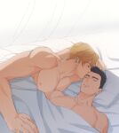  2boys afterglow ao_isami bad_id bad_twitter_id bara bed_sheet bedroom black_hair blonde_hair couple covering_privates facial_hair highres indoors kiss kissing_forehead large_pectorals lewis_smith lying male_focus multiple_boys nipples nude_cover on_back on_bed on_side pectorals pillow sideburns_stubble stubble thick_eyebrows upper_body yaoi yuuki_bakuhatsu_bang_bravern yuzuki_(hmr813k) 