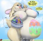 ahoge anthro bangs basket belly big_belly big_breasts big_ears blessing_(stylish_apollo) blonde_hair blue_hair blue_sky blush bodily_fluids bodypaint breasts buckteeth chest_tuft cloud container countershade_face countershade_legs countershade_tail countershade_torso countershading domestic_rabbit easter easter_basket easter_egg egg english_lop eyewear female floppy_ears fluffy fluffy_tail freckles fur genital_fluids glasses grass grey_eyes hair hi_res highlights_(coloring) holidays huge_breasts hyper hyper_pregnancy implied_oviposition lagomorph leporid light lop_rabbit mammal motion_lines musk navel neck_tuft nervous_smile nipples nude open_mouth oryctolagus outie_navel outside pink_nipples pink_nose plant ponytail pregnant pussy_juice_on_egg rabbit scut_tail short_tail side_ponytail sky skyscape slightly_chubby solo story story_in_description stylish_apollo sun sunlight sweat sweaty_belly sweaty_breasts sweaty_legs sweaty_thighs tail tail_motion tailwag talking_to_viewer tan_body tan_fur teeth text thick_thighs tuft vaginal_fluids whiskers wide_hips yellow_body yellow_fur
