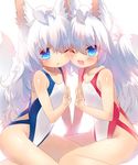  ;3 ;o ahoge animal_ears blue_eyes blush competition_swimsuit fangs highres kneeling long_hair looking_at_viewer multiple_girls one-piece_swimsuit one_eye_closed open_mouth original siblings simple_background swimsuit tail toba_hiyoko twins v white_background wolf_ears wolf_tail 