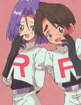  2boys belt black_gloves brown_eyes brown_hair crop_top gloves green_eyes highres james_(pokemon) macchiromomomo mondo_(pokemon) multiple_boys pink_background pokemon pokemon_(anime) pokemon_(classic_anime) purple_belt purple_hair shy smile team_rocket team_rocket_uniform 