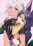  2boys animal_ears black_gloves black_hair blush cyno_(genshin_impact) dark-skinned_male dark_skin fox_boy fox_ears fox_tail genshin_impact gloves green_eyes green_hair green_tail hair_between_eyes hug hug_from_behind kisekisaki long_hair male_focus multicolored_hair multiple_boys navel open_mouth red_eyes short_hair stomach streaked_hair tail tighnari_(genshin_impact) white_hair yaoi 