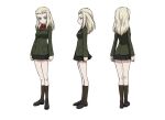  1girl black_skirt blonde_hair blue_eyes boots clara_(girls_und_panzer) concept_art girls_und_panzer green_jacket jacket long_hair miniskirt multiple_views official_art pleated_skirt pravda_military_uniform red_shirt shirt simple_background skirt white_background 